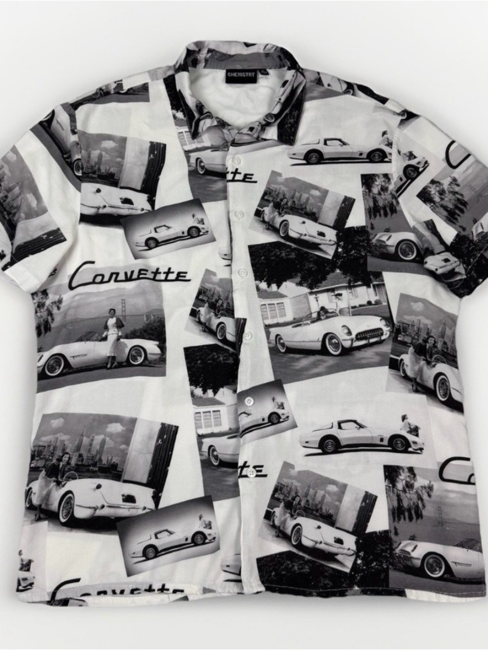 Corvette Graphic Button Up Shirt Chemistry Mens XL Black White Vintage Car Print